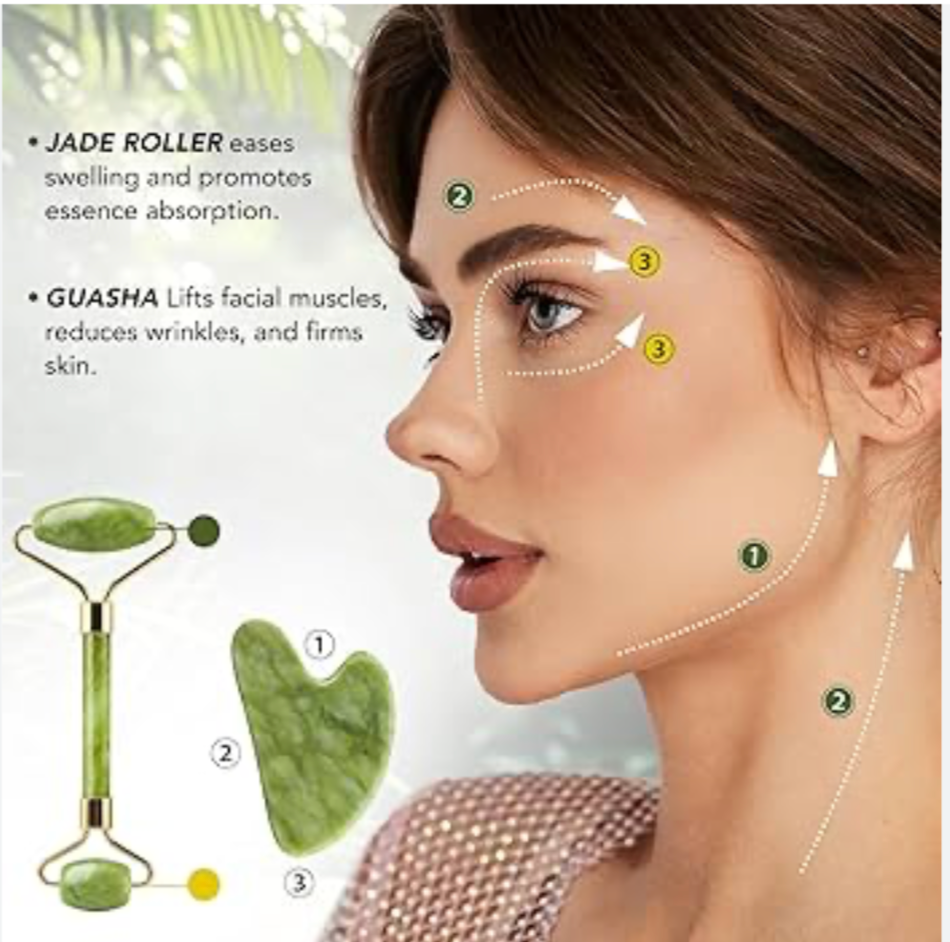Jade Gua Sha & Facial Roller Set - Natural Stone Massage Tools