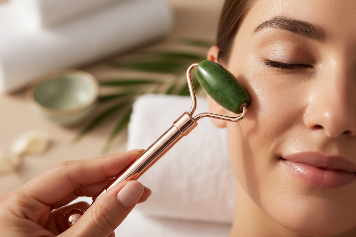 using a jade rolling tool on the cheek